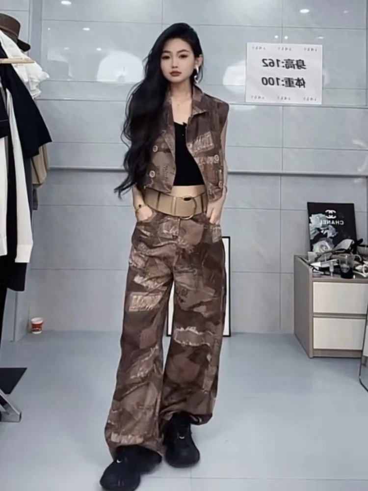 

Summer exquisite denim print set 2025 summer new niche design short half sleeved top+wide leg pants fashion street set