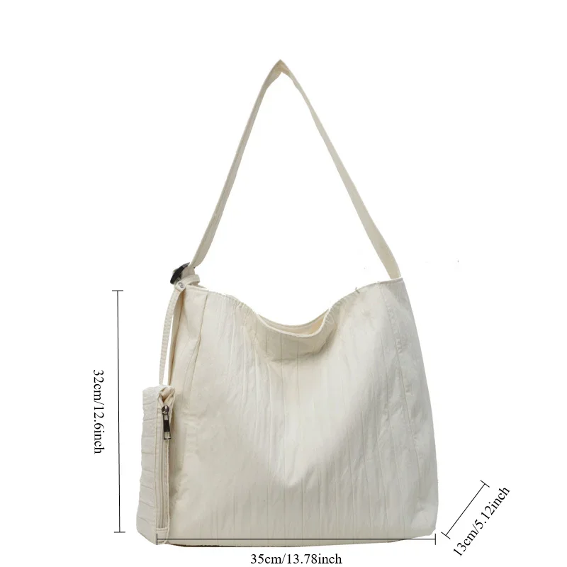 Low-Key Pure White Women Ruched Shoulder Bag Exquisited Nylon Pretty Versatile Crossbody Leisure Commuter Composite Bag