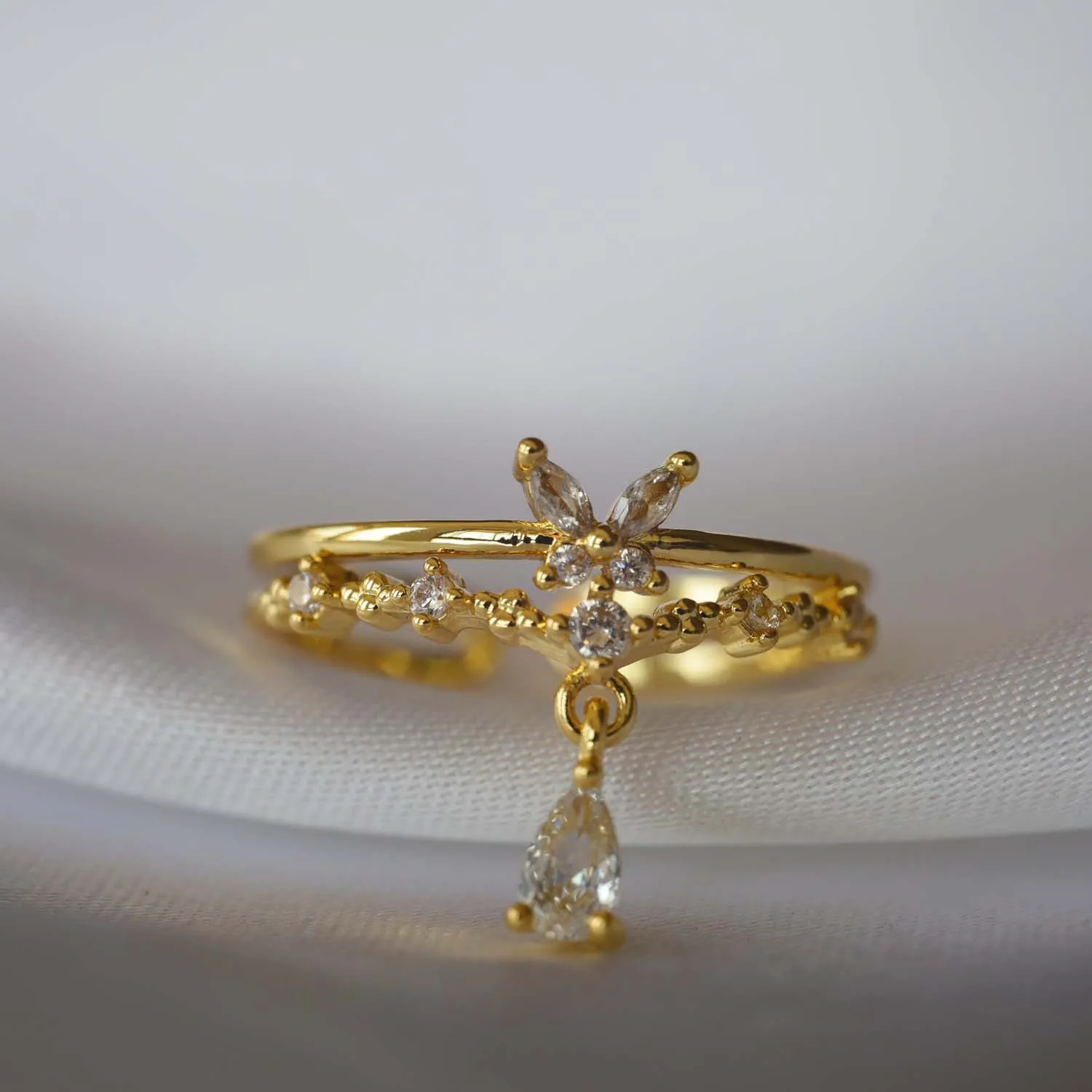 Double Layer Butterfly Charm Open Adjustable Ring White Zircon Teardrop Dangle Resizable Finger Ring Women Jewelry