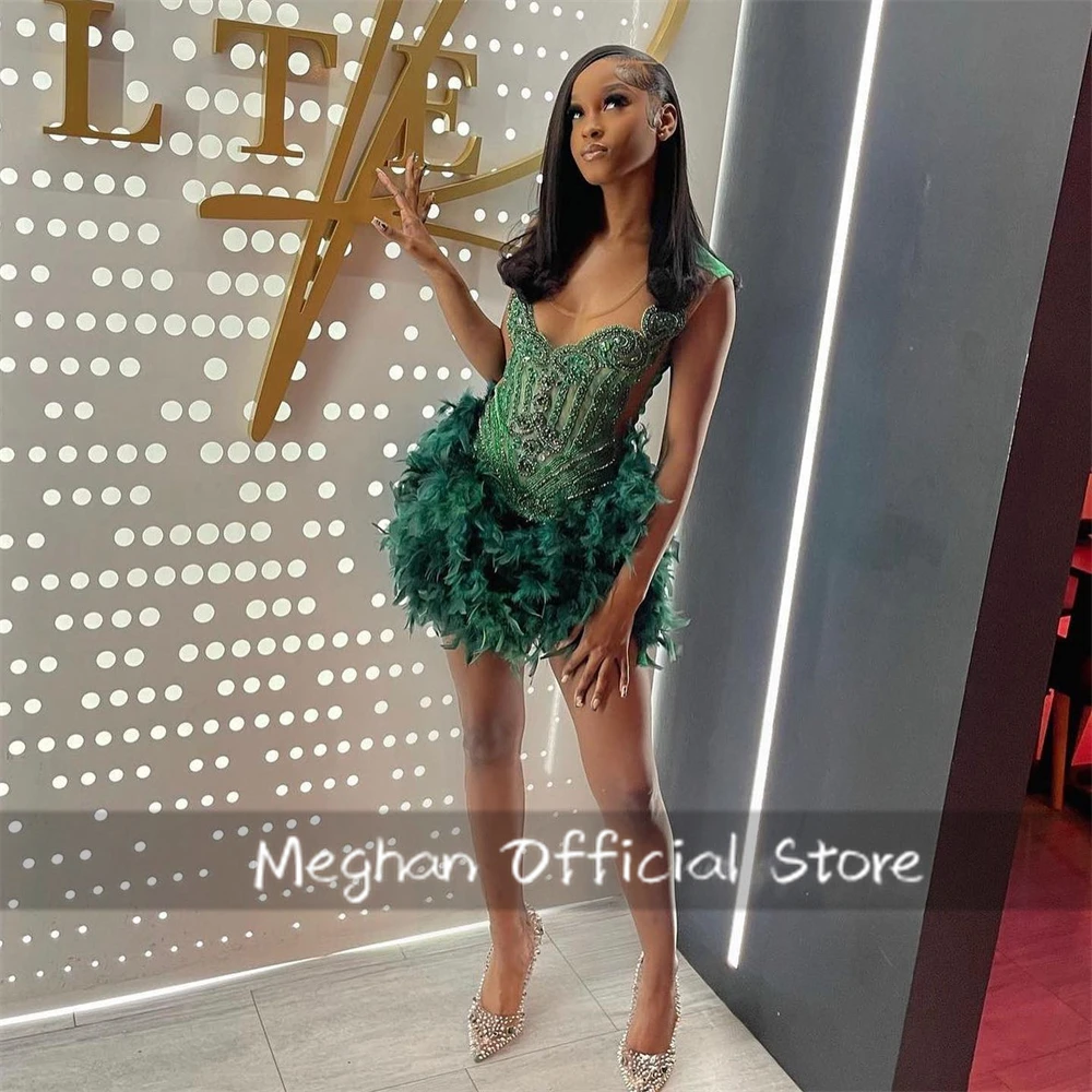 Green Beaded Short Prom Dress For Black Girls O Neck Birthday Party Dresses Feathers Mermaid Mini Cocktail Homecoming Customized