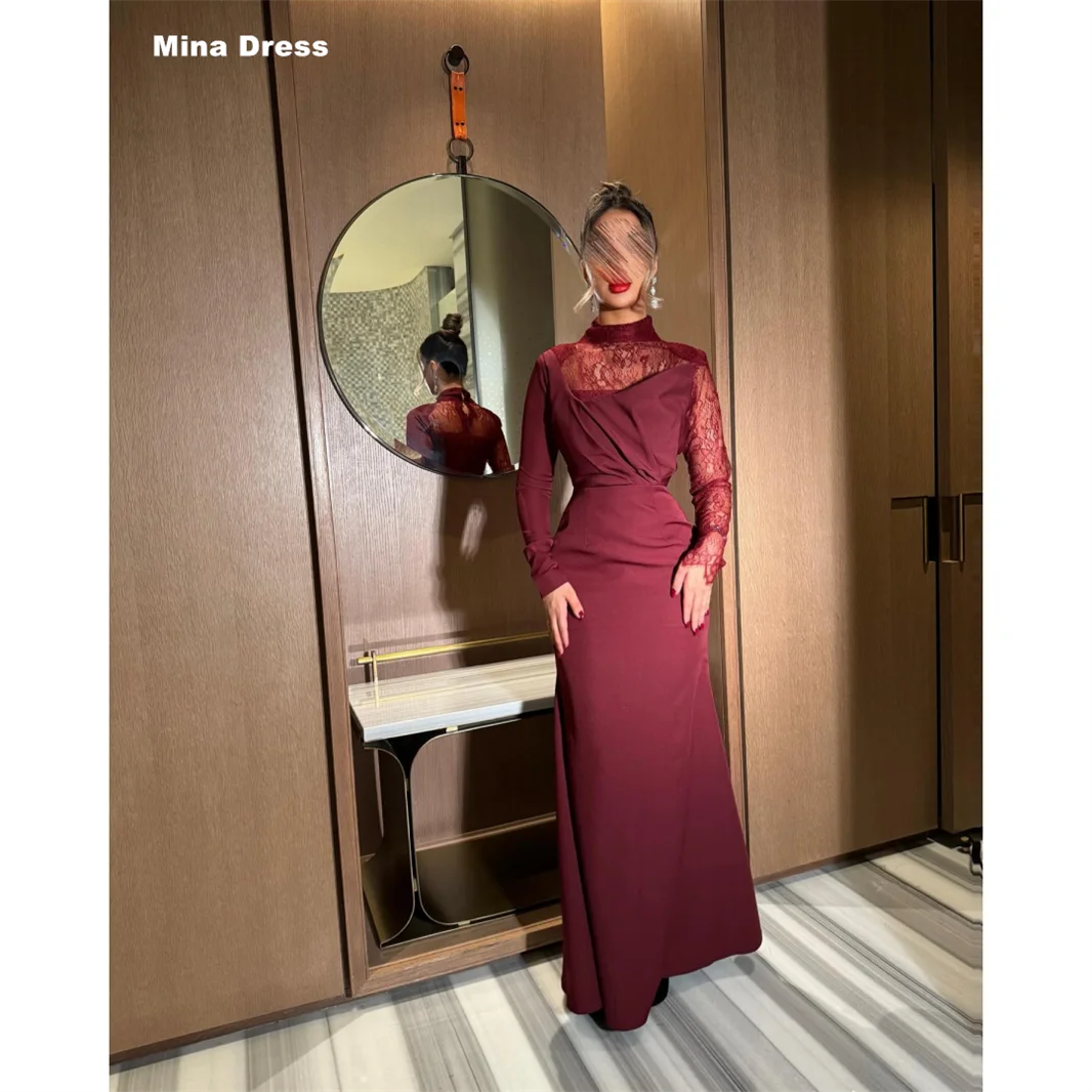 

Mina Customized Wine Red Prom Dress Lace Embroidery Long Sleeves Elegant Chic Woman Evening Dress Round Neck Party Dresses Night
