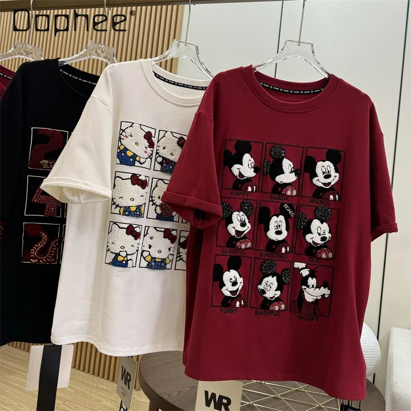 

European Goods Heavy Industry Embroidery Cartoon Beads Thickened Short-sleeved T-shirt Women Mid Length Bottoming Shirt Top