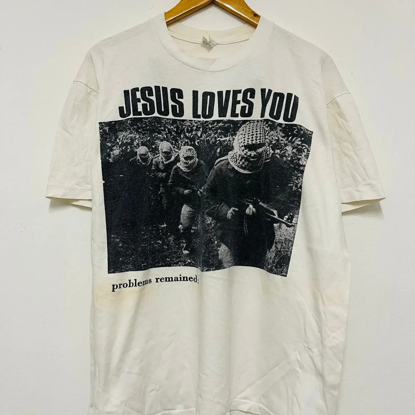 Vintage 80s Jesus Loves You Problems Remained T Shirt Streetwear White XL vintage Washed fashion Slightly Comfortable Soft
