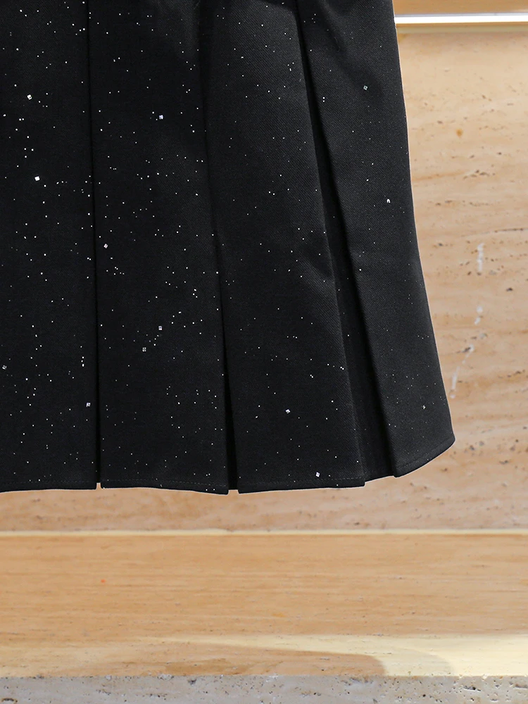 미움엠 하이웨이스트 스팽글 플립 칼라 벨티드 여성 가을 컬리지 스타일 A라인 스커트