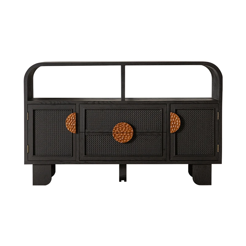 

American retro rattan dining side cabinet B & B black decorative entrance cabinet living room sofa side cabinet
