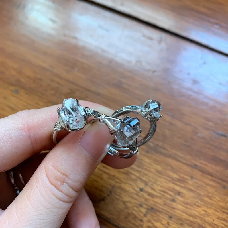 1pc Natural Stone Ring Raw Crystal Point Herkimer Diamond Quartz Beads Rings Adjustable 925 Silver Plated Copper