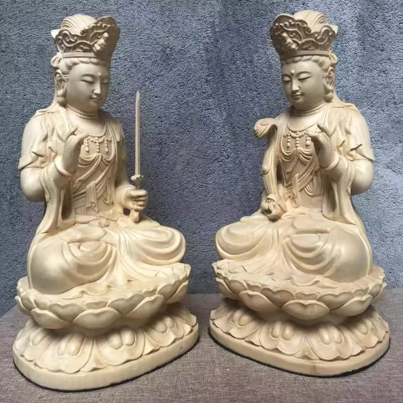 Hand Carved Hinoki Wood Seated Manjushri Samantabhadra Bodhisattva Statues Pair (Set of 2) - Spiritual Ornament Home Temple