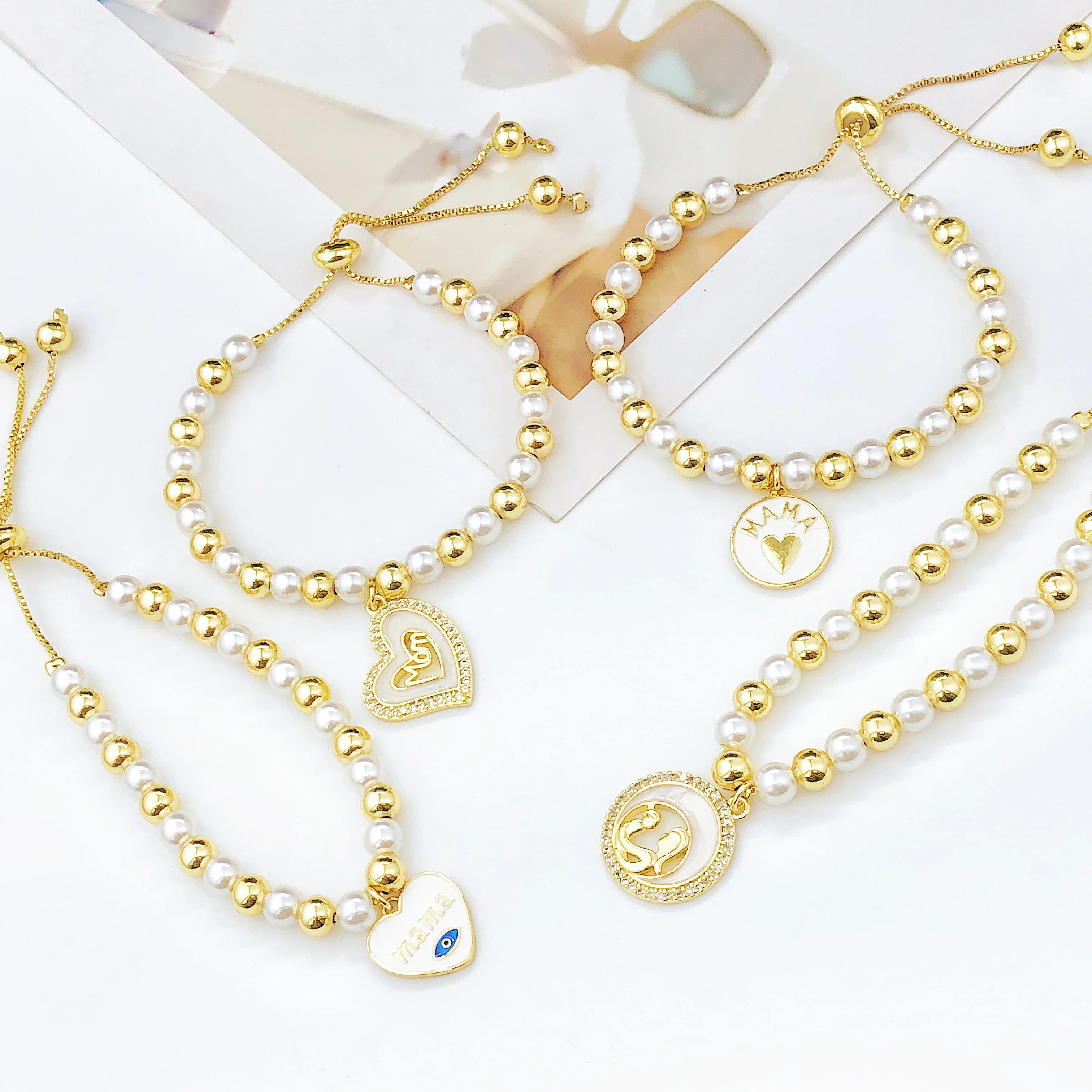 Hot Sale Zircon Shell Mother Theme Copper Bead Pearl Chain Bracelet Fashion for Women Mom Holiday Mother's Day Jewelry Gift