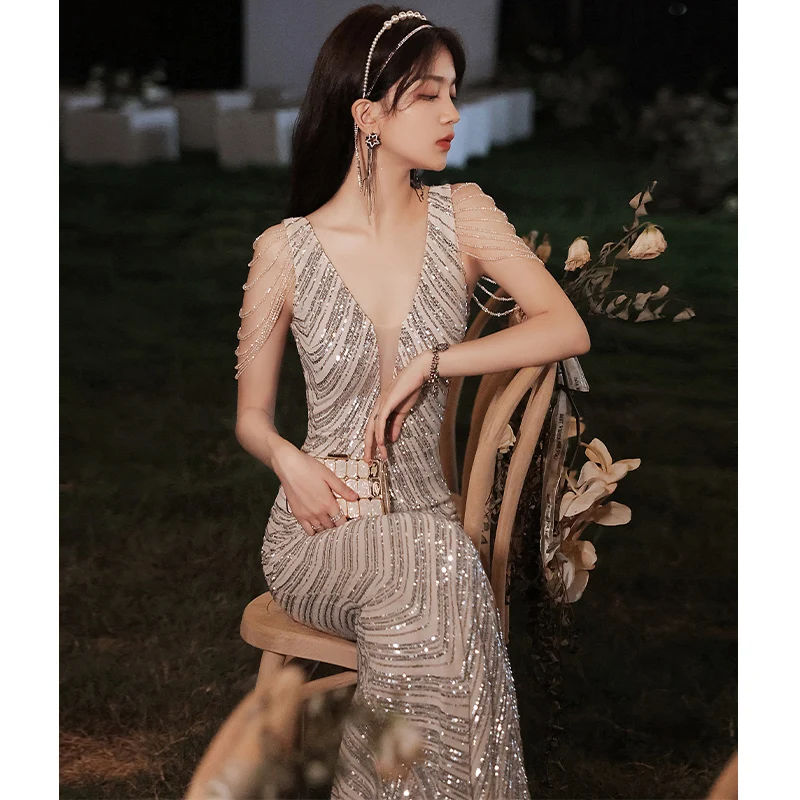 

Ele Evening Gown Women's Faion Heavy Work Long Dr Luxury High Quali Slimming High Class Sensation Host Sequin Dr