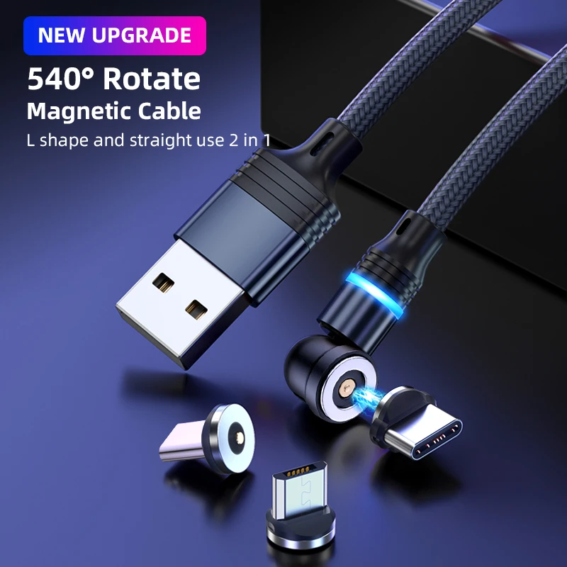 540 Degree Rotating Magnetic Charging Cable 3-in-1 USB TYPE C Micro Cell Phone Cable Blind Suction Round Magnetic Data Cable