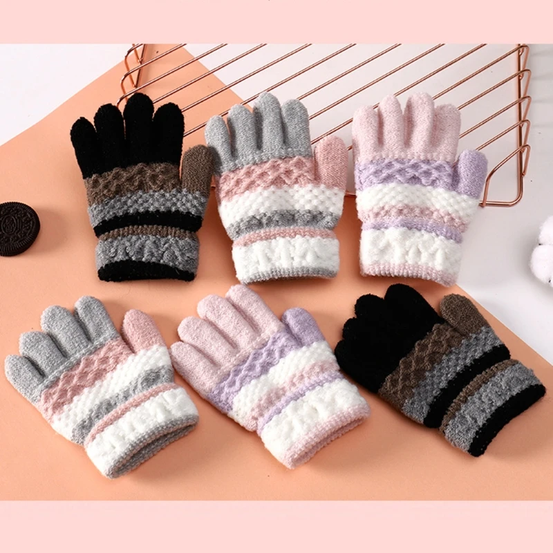 1 Pair Kids Winter Gloves Knitted Stripe Children Coldproof Warm Full Finger Gloves Boys Girls Mittens