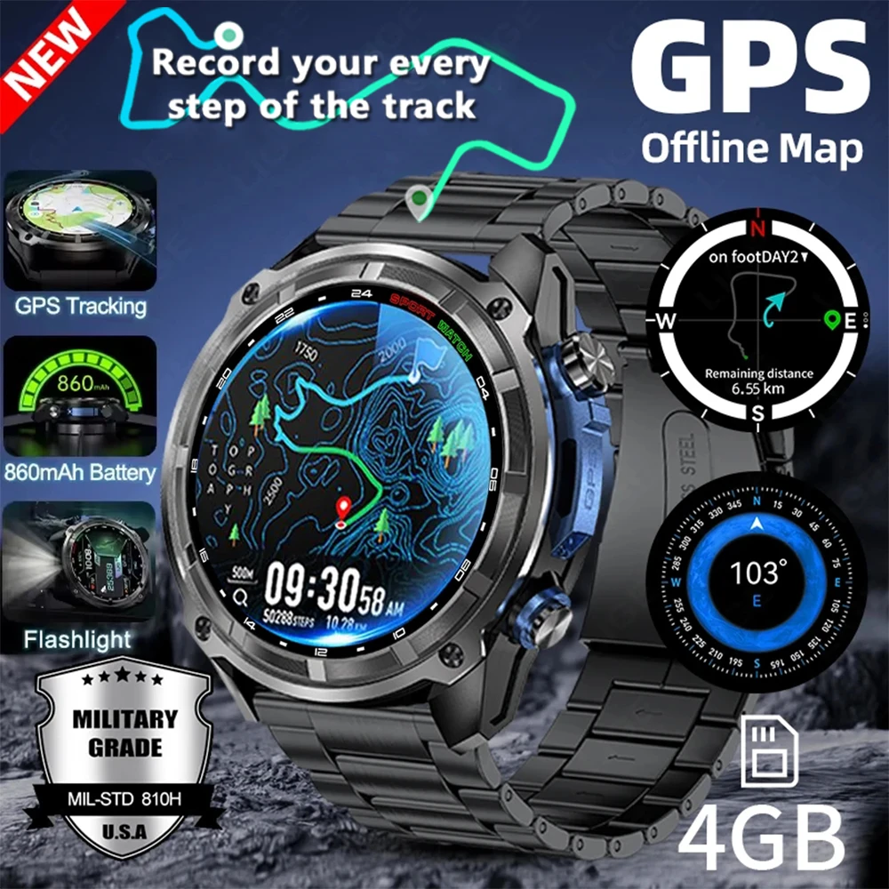 

New GPS Smartwatch Offline Maps 4GB Memory Video Player Military Sports Watch Men 50m Waterproof 860Mah Battery Smart Bracelet