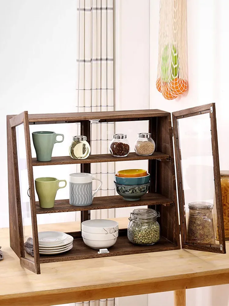 Solid wood display cabinet tea cup tea set dust cosmetics sideboard shelf storage cabinet cupboard tea cabinet
