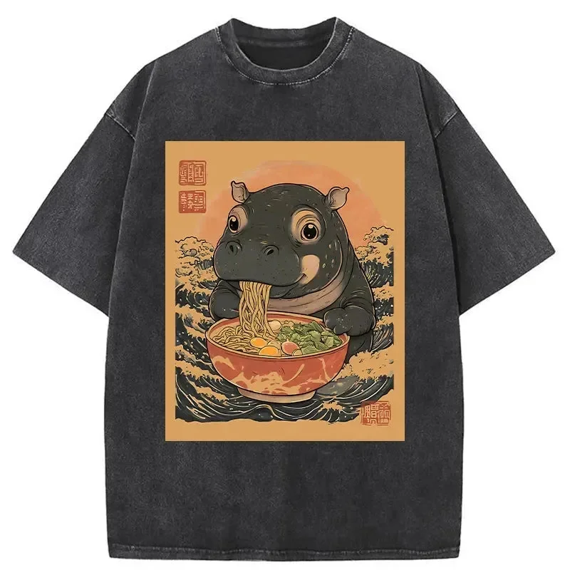

SOVOB T Shirt Mens Clothing New in Top&Tee The The Return Of Moo Deng Eat Ramen Pattern Washed casual T-shirts for men summer
