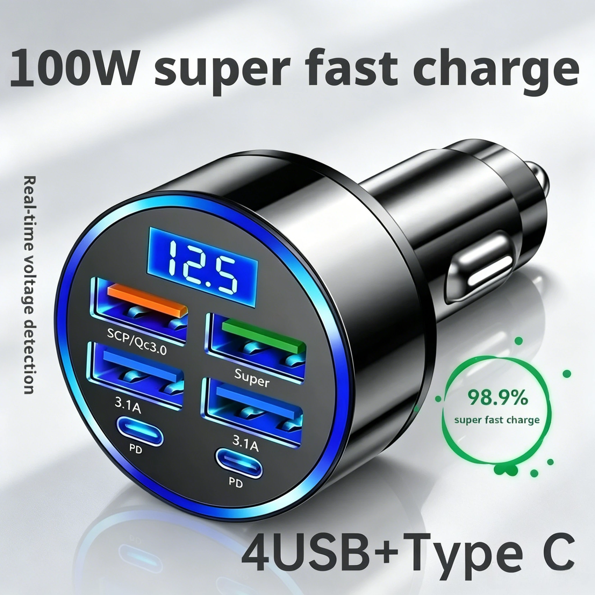 

100W Car Charger 4USB 2PD Ports QC 3.1 Fast Charging Car Cigarette Lighter Plug Digital Display For All Phone Portable Charger