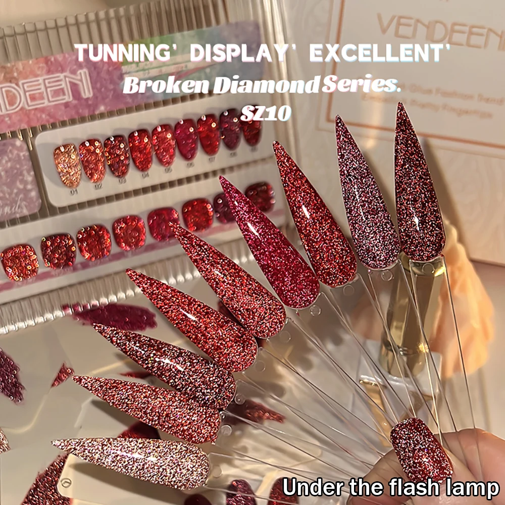 Vendeeni 9 Farben/Set Roter Glitzer-Broken-Diamond-Gel-Nagellack TPO HEMA-FREI Glitzer UV LED Soak-Off Gel-Lack mit Display – Detail 11