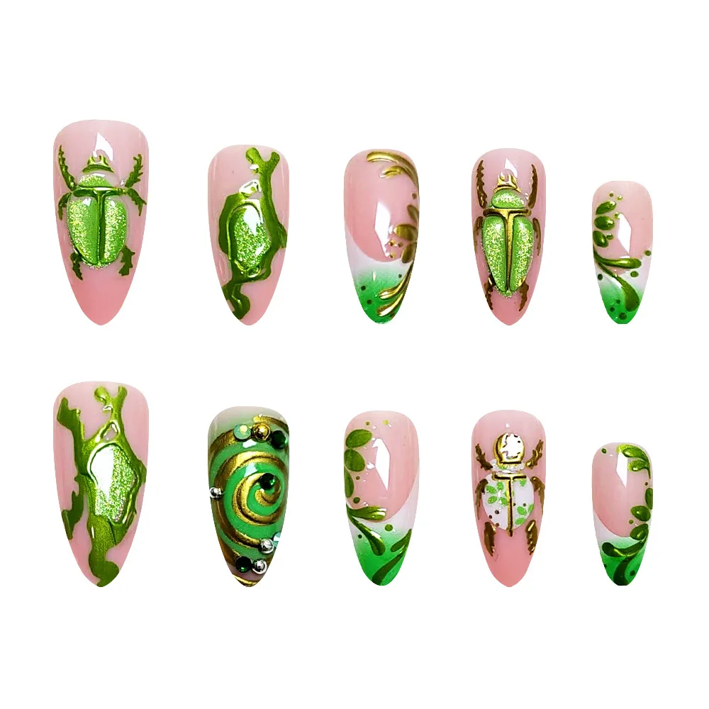

24PCS Almond Press on Nails with 3D Gilt Design Artistic False Nails Fantasy Beetle Diamond High Quality Fake Nails Spicy Girls