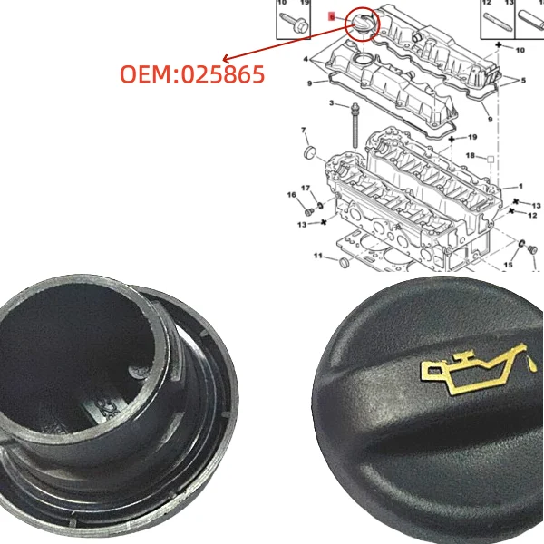 

025865 For Peugeot 206 207 301 307 308 3008 407 508 806 Citroen Xsara C4 C5 EW10A 2.0 2.3 Oil filler cap