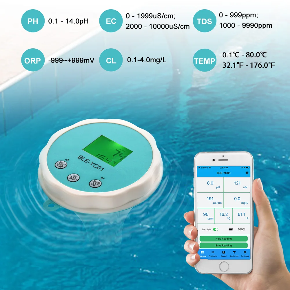 Bluetooth Digital Chlorine ORP EC TDS Temp PH Meter IP67 Waterproof Smart APP Online Swimming Pool Water Quality Monitor Alarm