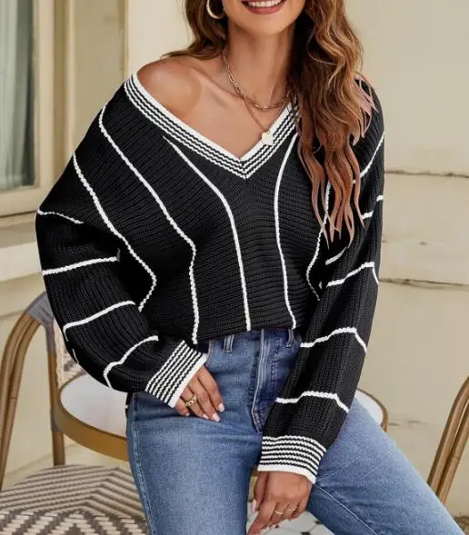 Maglione lavorato a maglia retrò con scollo a V da donna Top casual a righe larghe per il nuovo arrivo autunnale e invernale