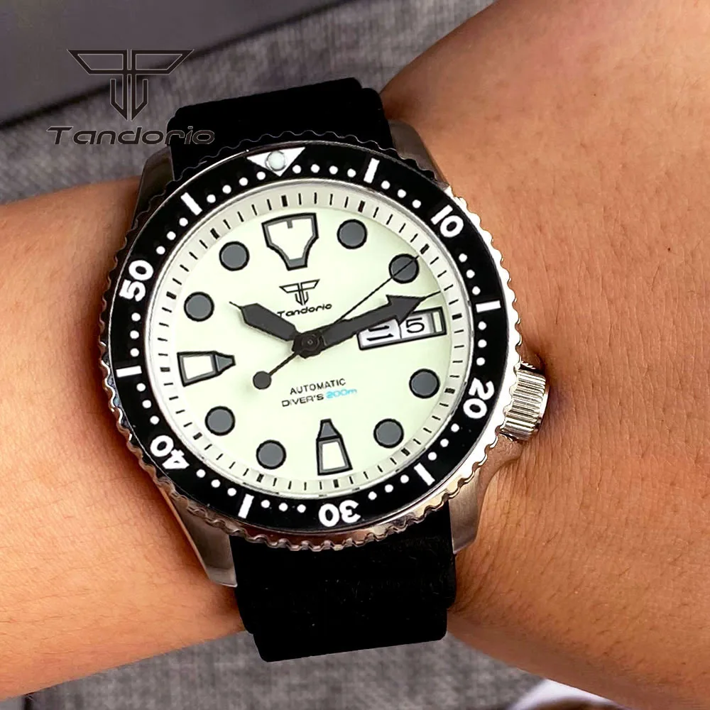 Tandorio NH36 Creamy Full Luminous Dial 20bar 41mm Dive Men Automatic Watch Week Date 3.8 Crown Sapphire Crystal 120-Click Bezel