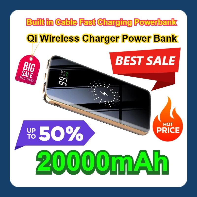 

Qi Wireless Charger Power Bank Built in Cable Fast Charging Powerbank For IPhone14 Samsung S23 Huawei Xiaomi Pover Bank 20000mAh