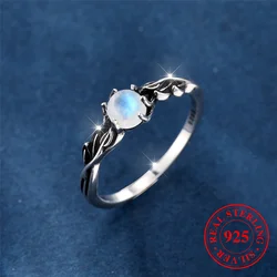 Cute Female Small Round Nature Moon Stone Leaf Ring Vintage Real 925 Sterling Silver Wedding Jewelry For Women