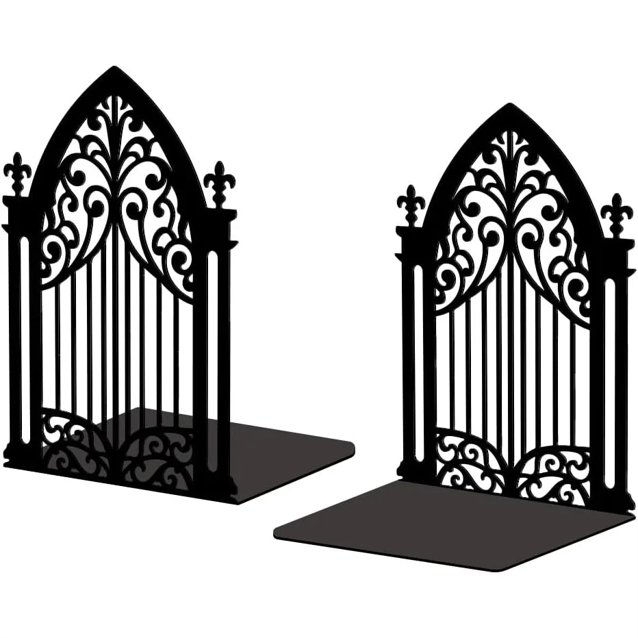 

Cast Iron Bookends for Shelves, Heavy Duty Decorative Book Support with Anti-Slip Mat, 5.3x4.3x7.3 Inch, 1 Pair (Gothic Gate)