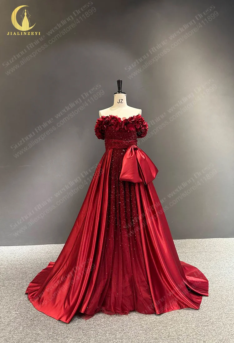 3658 Real Wine Red Two Pieces Satin Flowers With Train vestidos para mujer robe de soirée فساتين السهرة Evening dresses