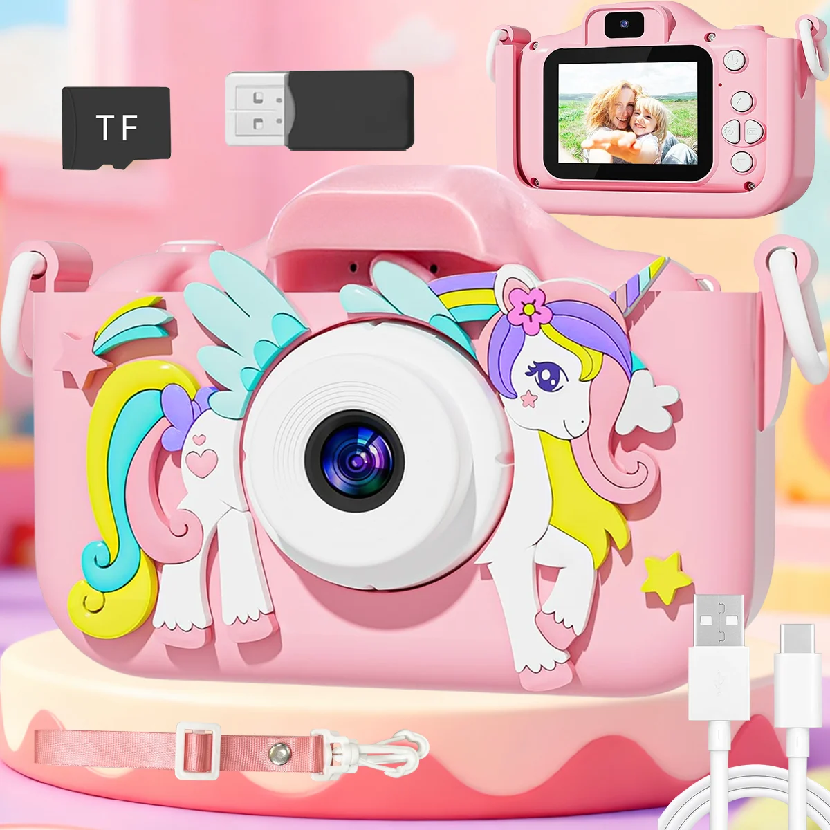 Bestbewertetes Kameraspielzeug für Kinder für 3–12 Jahre. Cartoon-Aufkleber/Rahmen, lustige Spiele – stoßfeste Silikonhülle.