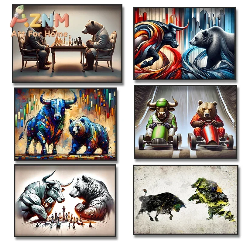 Bull and Bear Play Chess Wall Art Canvas Painting Office Decor, Market Exchange  Poster Print for Living Room Home Decor Cuadros