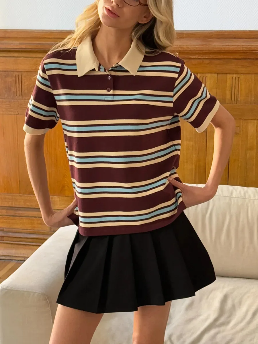 Casual Stripes Contrast Short-sleeved T-shirt For Women's Button Lapel Polo Shirt T-shirt New Streetwear Retro Chic Top 2025