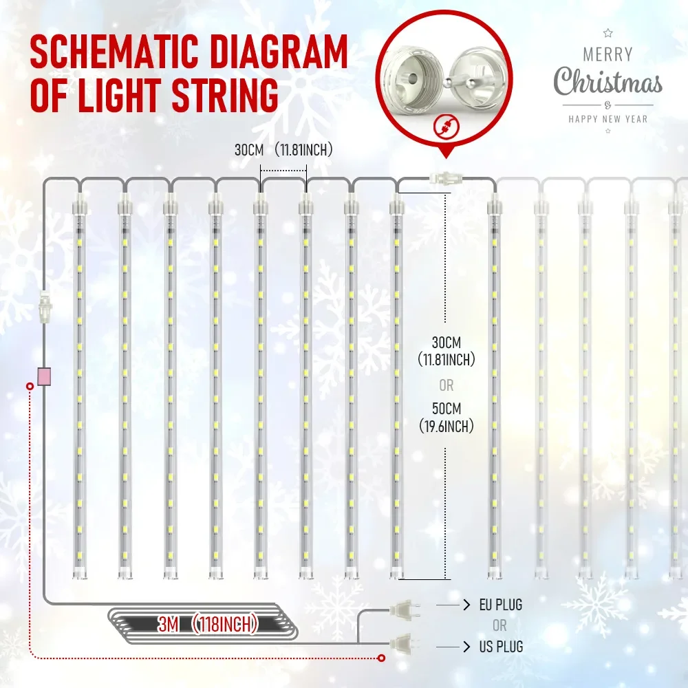 Natal LED Meteor Shower Garland Festoon, Holiday Strip Light, ao ar livre, impermeável, Fairy String Lights, Decoração de rua