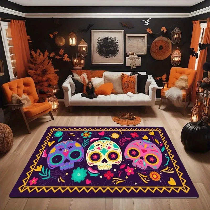 Newest Big Carpet Colorful Sugar Skull Floral Halloween Large Area Rug Non Slip Holiday Living Floor Carpet