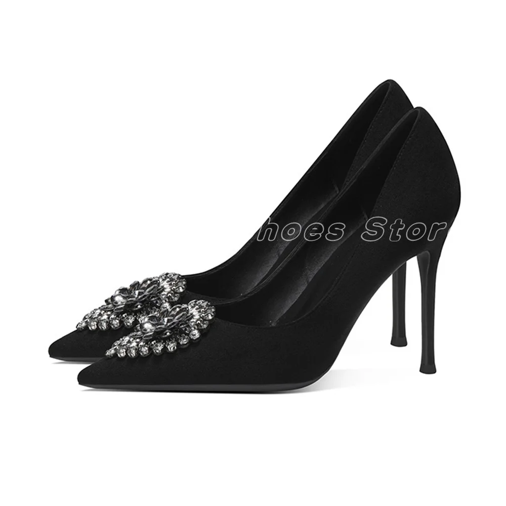 

Sexy Black Solid Sandals Stiletto Pointed Toe Cover Heel Round Flower Rhinestone Satin 2024 Spring Autumn Shoes