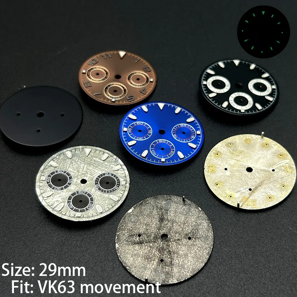 29mm VK63 Chronograph Watch Dial Black White Green Luminous Gold Sub-dial Fit 39mm Case Multi-color Watch Parts