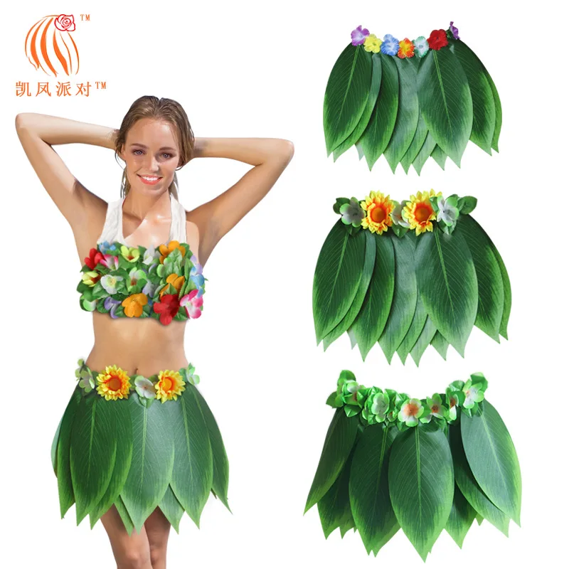 Falda de hierba de hoja simulada Hawaiana para niños y adultos, vestido decorativo de fiesta de vacaciones en la playa, accesorios de Cosplay de Halloween