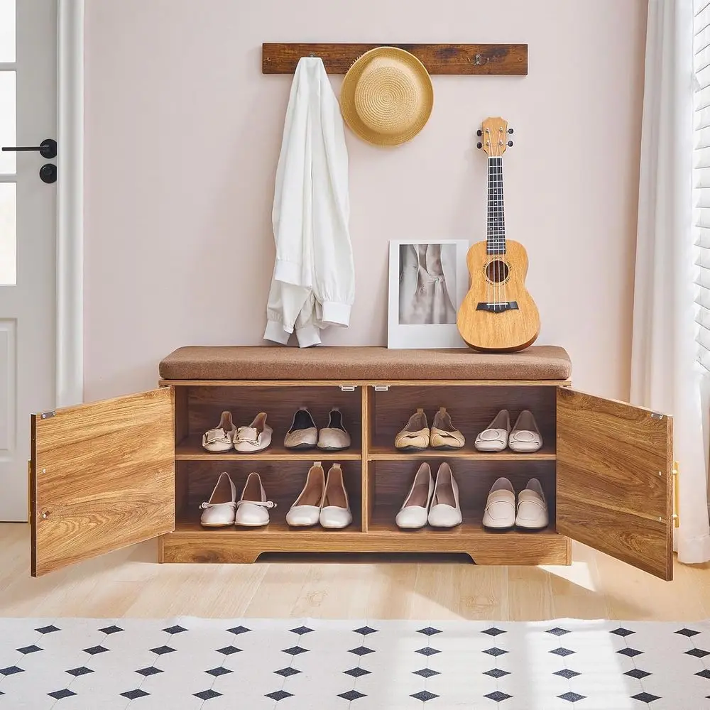 Panca portascarpe in rattan con cuscino, organizer in legno a 2 ante, 39,2 L x 13,4 L x 18,9 A, ideale per ingresso e camere da letto