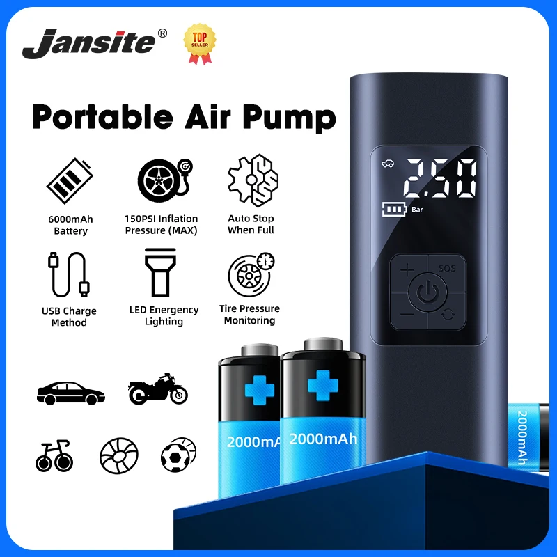 Jansite Wireless Car Air Compressor Air Pump For Car Motorcycles Bicycle Balls Tire Pressure Monitor With LCD Digital Display ﻿