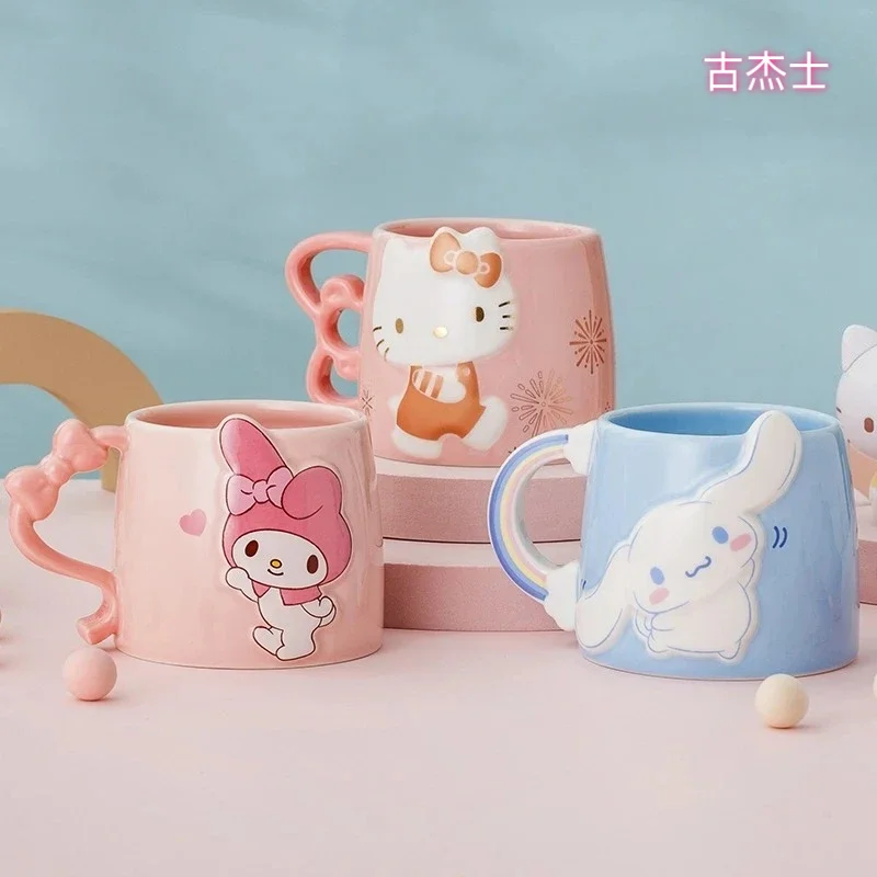 Für Sanrio Keramiktasse, Kaffeetasse für Hello Kitty Kuromi, Reliefmuster, niedliche Paarkasse, Haushaltstrinkwasserbecher mit Griff