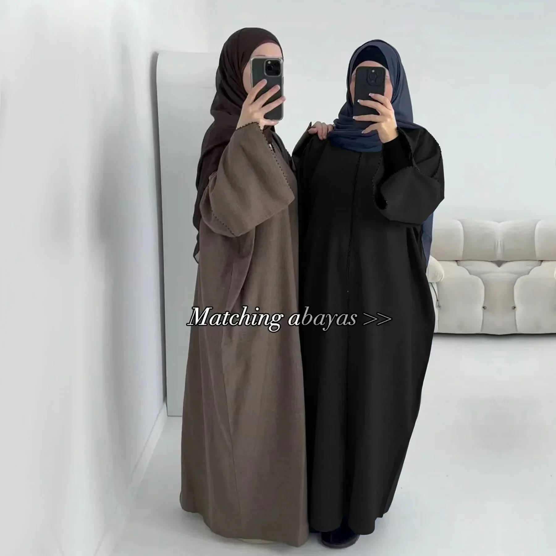 Eid Beaded Linen Open Abaya Cape Plain Kimono Muslim Dress Matching Abayas for Women Dubai Luxury Turkish Islamic Clothes Caftan