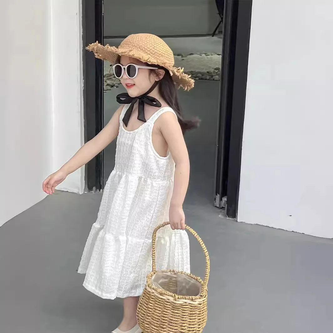 Korean Version 2024 New Girl Fashion White Sleeveless Fresh and Sweet Cake Holiday Dress Trend Kids Dresses for Girls