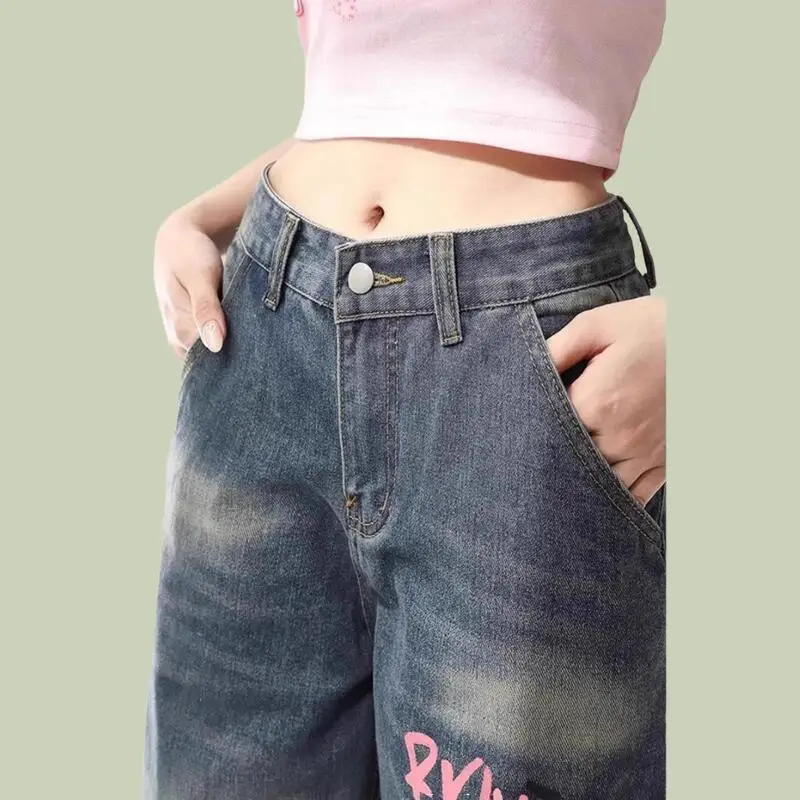 

Горячие новинки 2023 года, женские брюки в западном стиле, корейская версия Kuromi, брюки в мультяшном стиле Sanrio, длинные свободные джинсовые широкие брюки с высокой талией