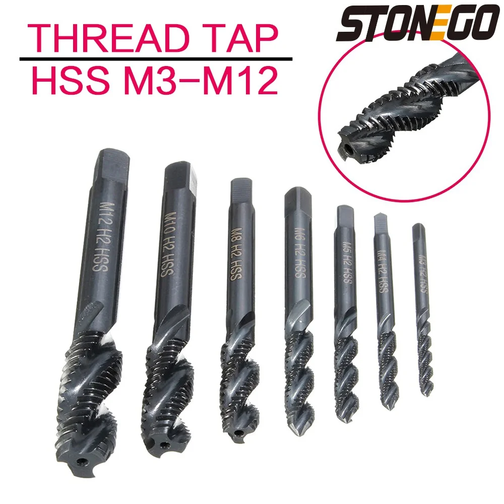 STONEGO 5PCS/7PCS HSS 6542 Nitriding Metric Spiral Flute Screw Drill Thread Tap Drill Set Tools M3/M4/M5/M6/M8/M10/M12