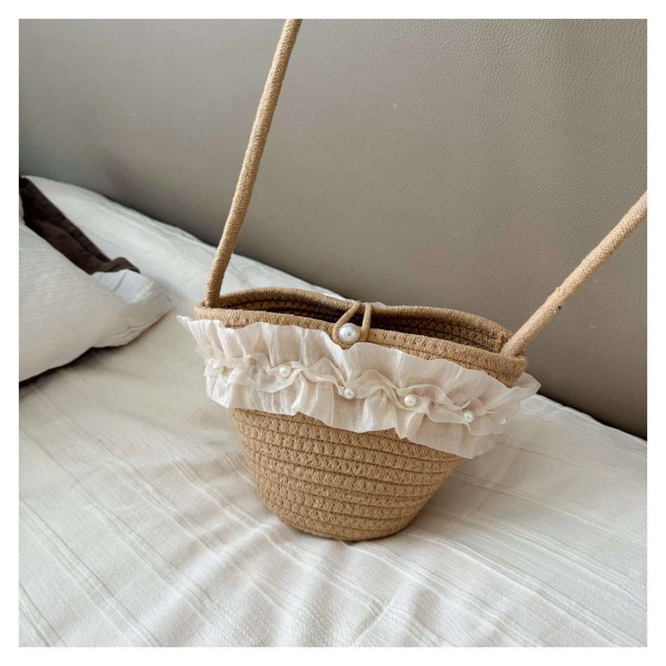 Kids Summer Straw Hat and Bag Set Cute Handle Woven Bag with Lace Trim Sun Hat for Toddler Girls Beach Weaving Hat Handbags BT14 view 4