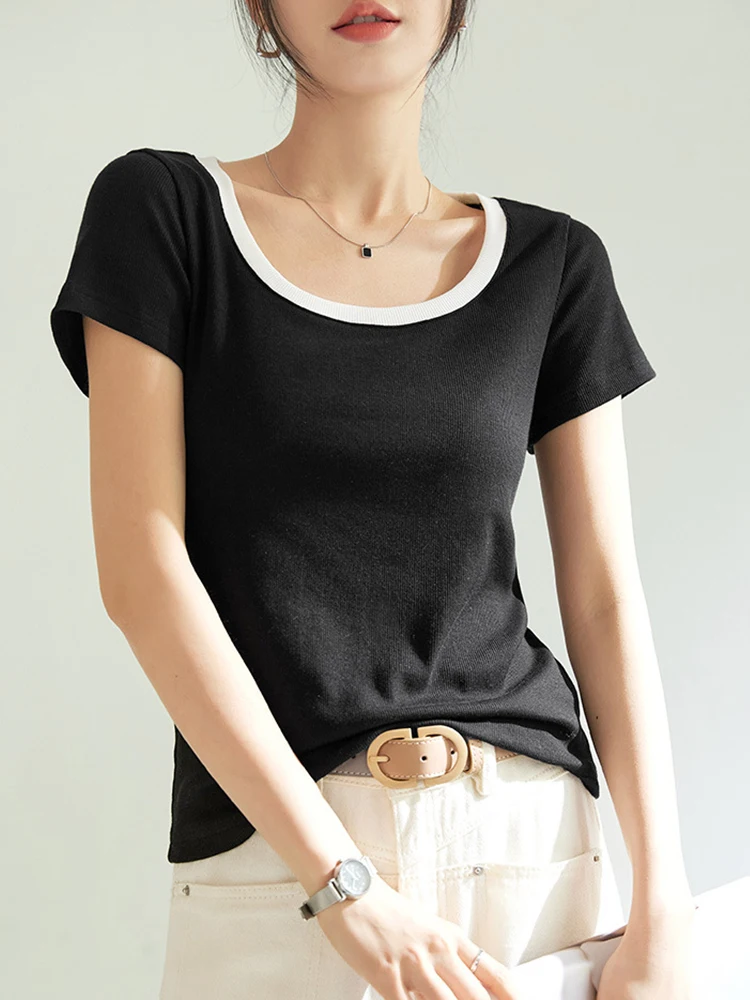 

Women T Shirt Summer Short Sleeve O-Neck Casual Solid Color Tops Female Cotton Slim Fit Bottom Tees Basic Pullovers Camisetas