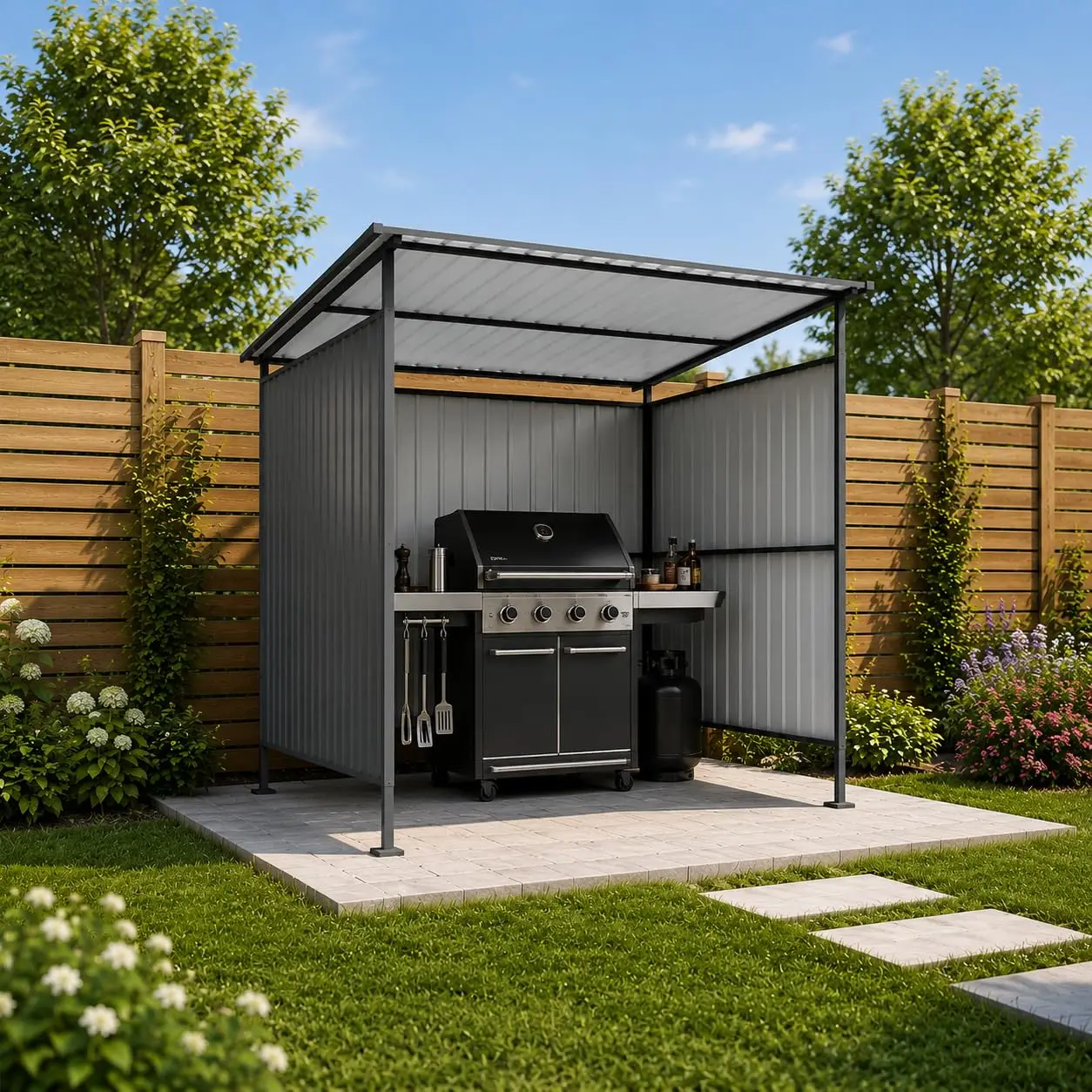 6x6FT Metal Pergola with Hardtop Roof, Lean-to Grill Gazebo & Bike Shed, Heavy Duty Shelter for Yard, Deck, BBQ, Customized