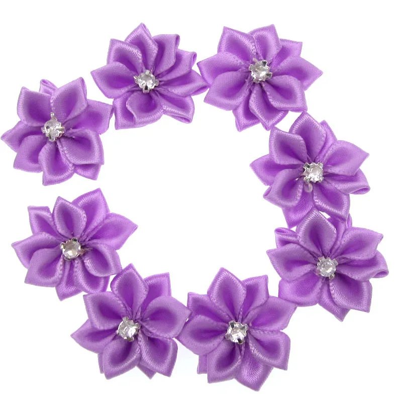30Pcs Handmade Small Satin Flowers Fabric Rhinestone Flower Appliques For Sewing Craft Wedding Decorations 2.8cm