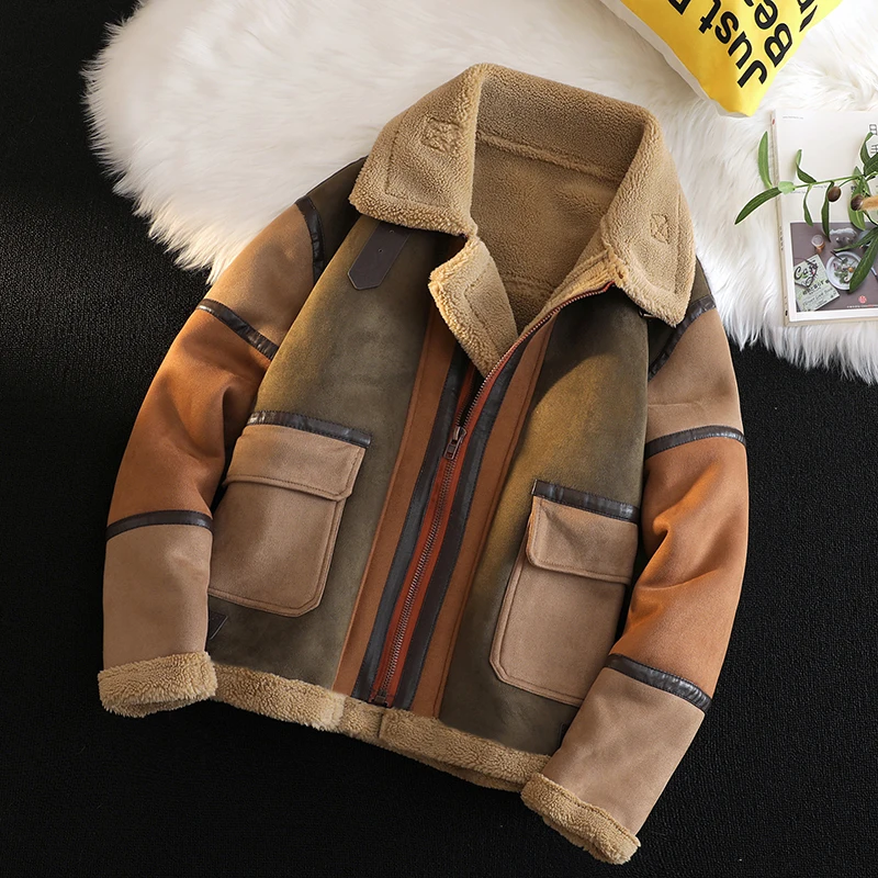 

Мужская зимняя куртка в стиле ретро из американской замши с меховой подкладкой из овечьего вельвета, утепленная, на флисовой подкладке, модная