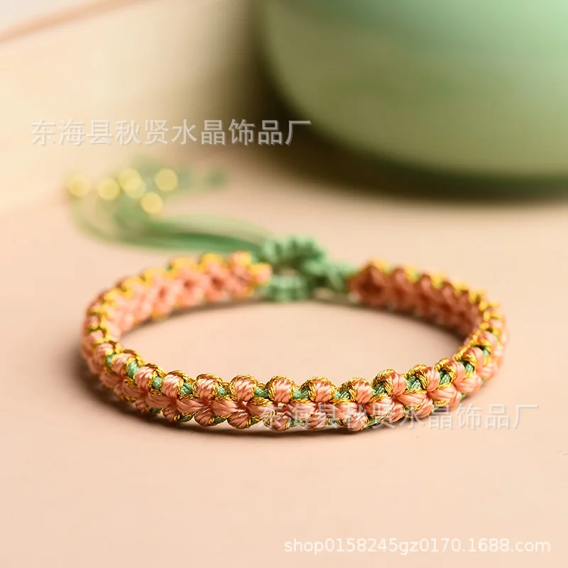 Pulsera hecha a mano con nudo de flor de melocotón para mujer, cadena de muñeca de cuerda trenzada colorida, estilo étnico, novedad de verano 2023